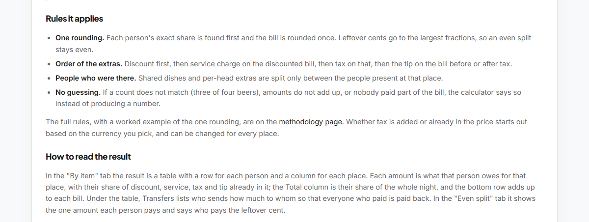 The restaurant bill page on SplitWithUs, showing a "Rules it applies" list (one rounding, order of the extras, people who were there, no guessing), a link to the methodology page, and a "How to read the result" paragraph.